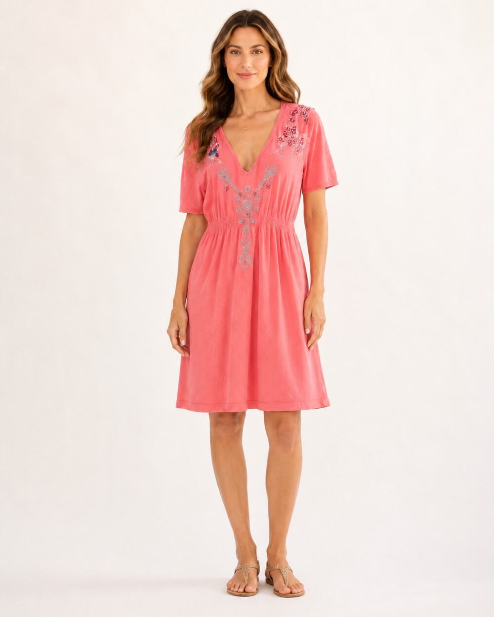 Johnny Was Los Angeles Pink Embroidered Cotton V Neck Midi Dress Large Boho